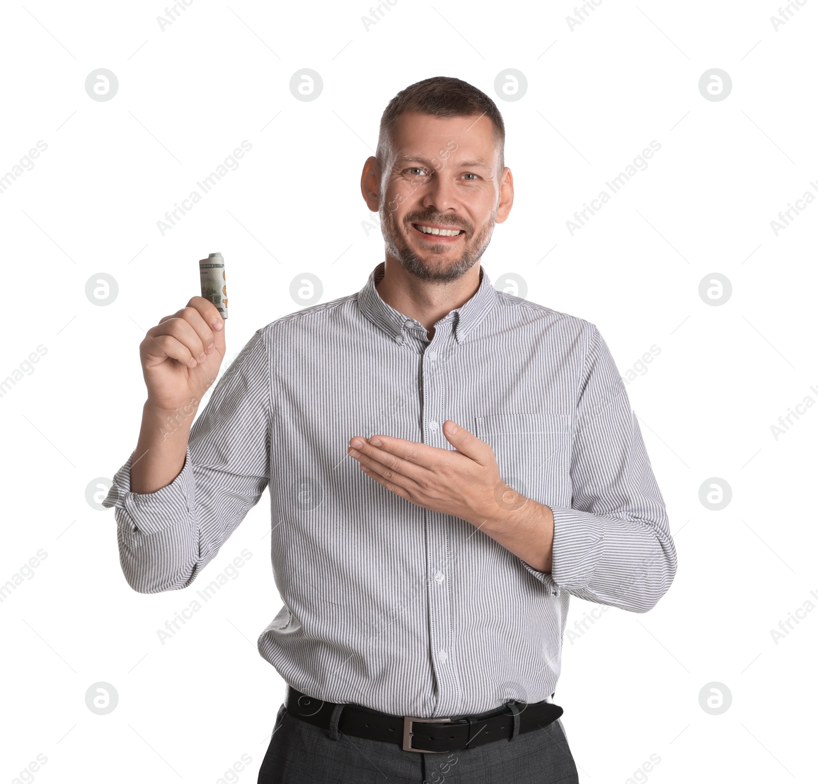 Photo of Banker with dollar banknotes on white background