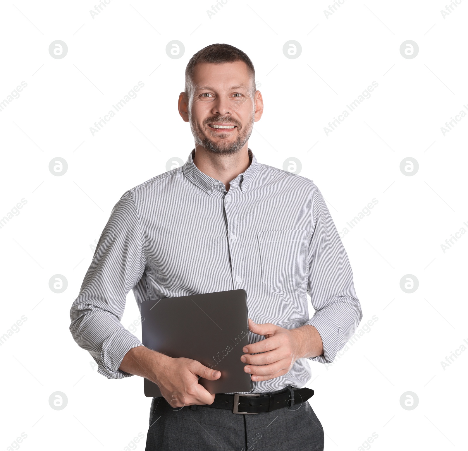 Photo of Portrait of banker with laptop on white background