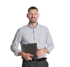 Portrait of banker with laptop on white background