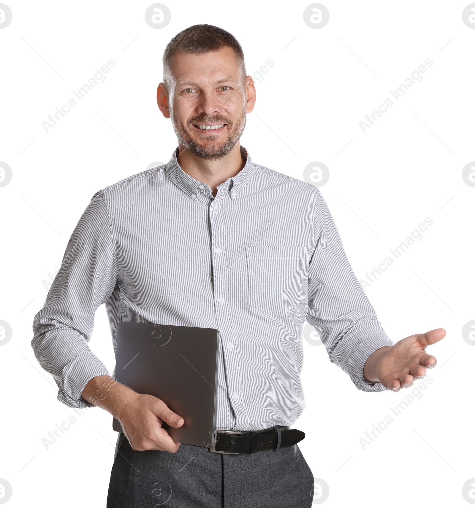 Photo of Portrait of banker with laptop on white background