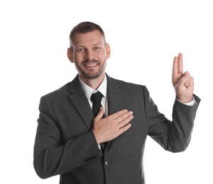 Man showing oath gesture on white background. Making promise