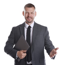 Photo of Portrait of banker with laptop on white background