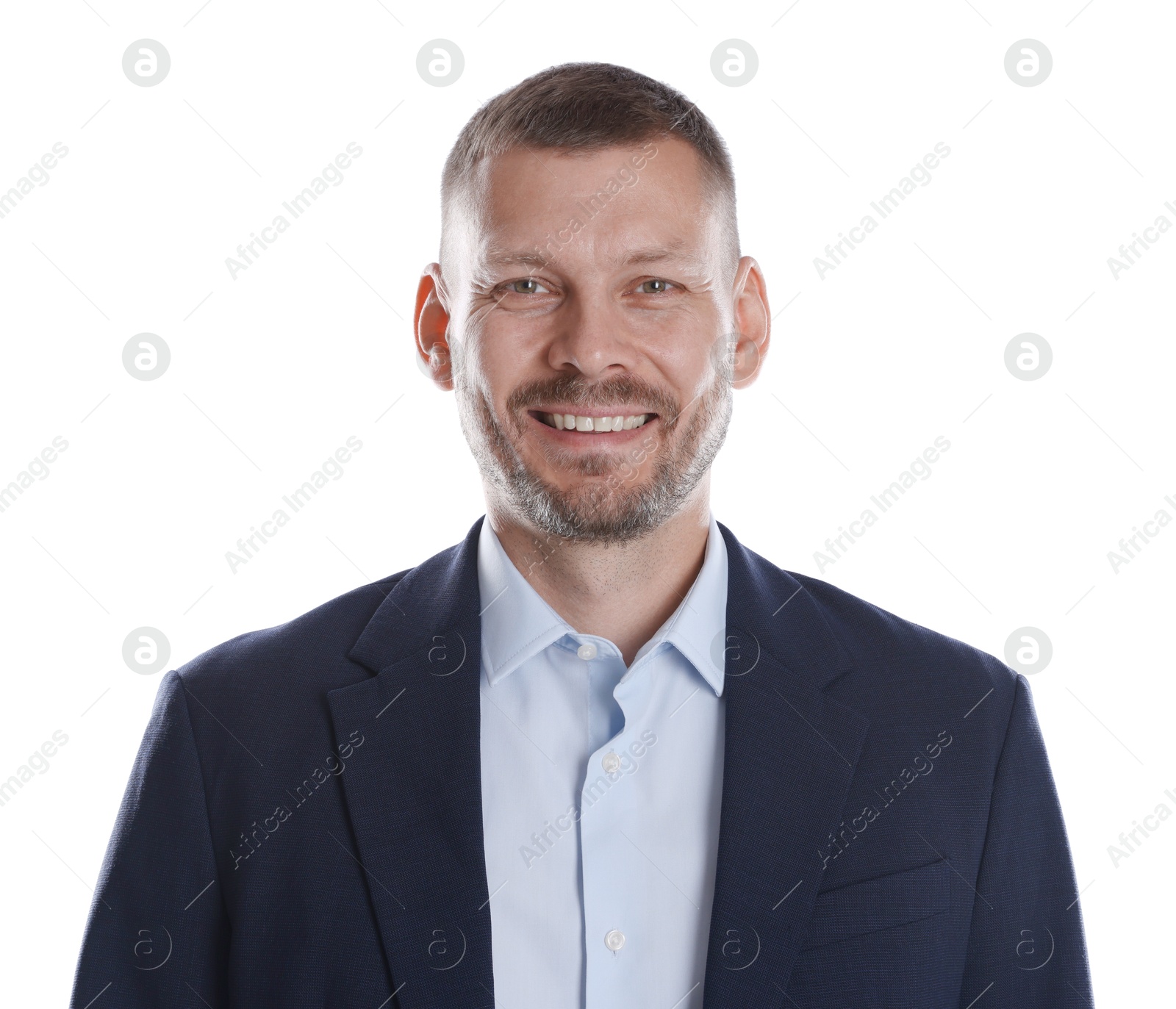 Photo of Portrait of happy banker on white background