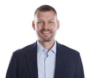 Photo of Portrait of happy banker on white background