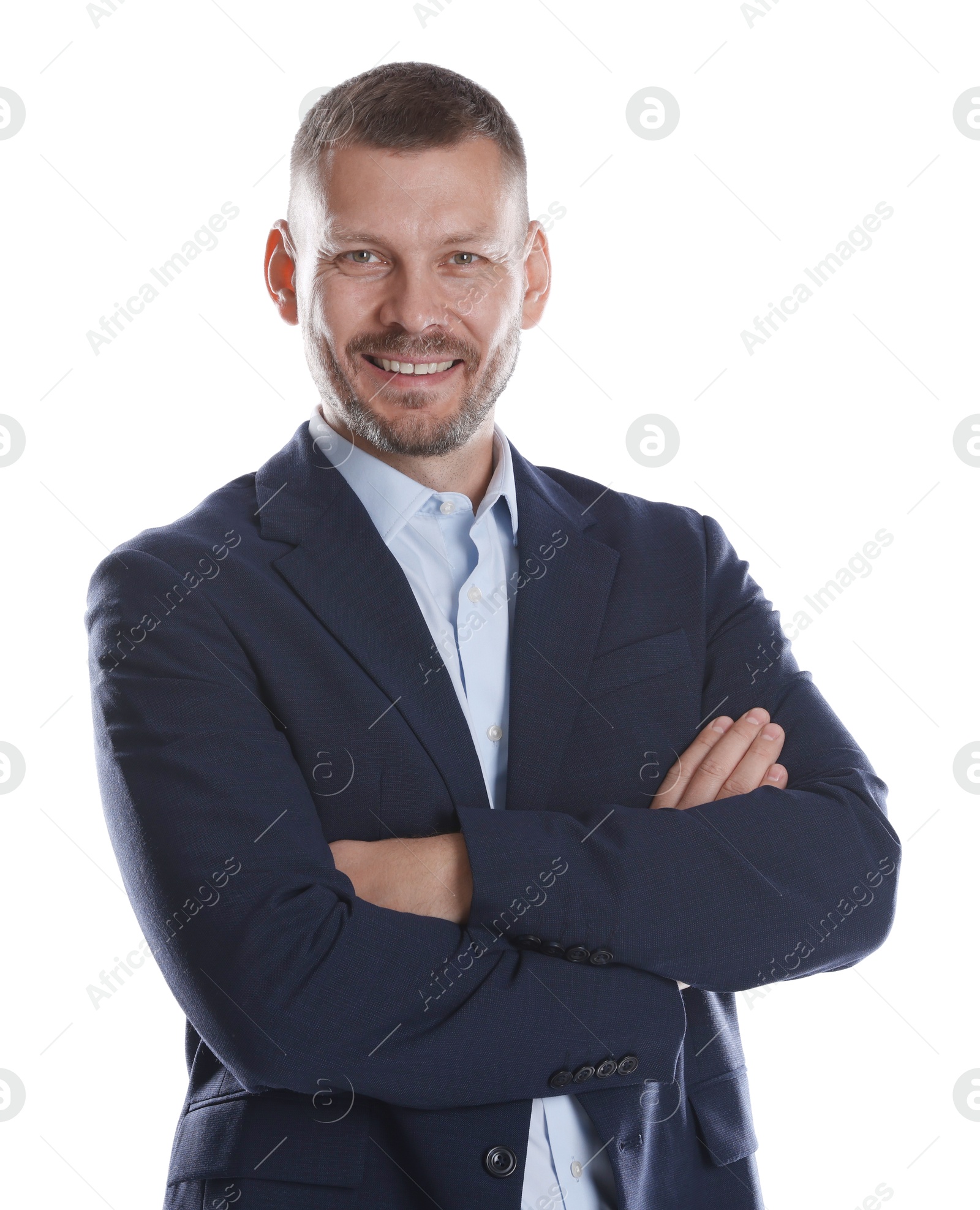 Photo of Portrait of banker with crossed arms on white background