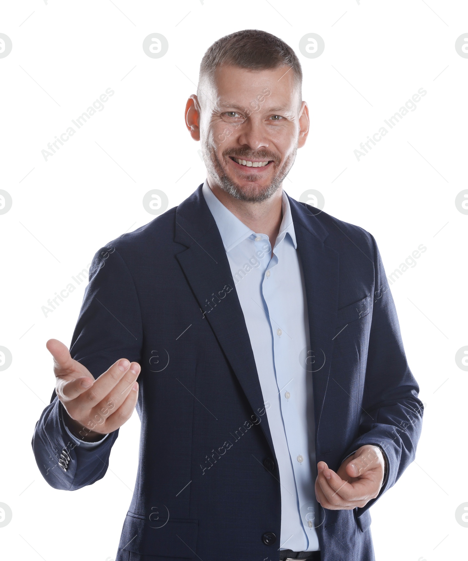 Photo of Portrait of happy banker on white background