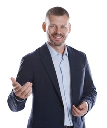 Portrait of happy banker on white background