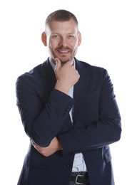 Portrait of happy banker on white background