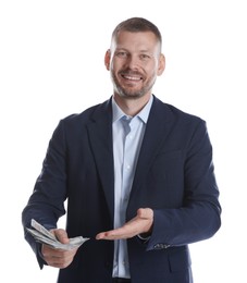 Banker with dollar banknotes on white background