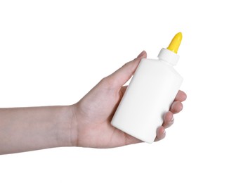 Photo of Woman with bottle of glue on white background, closeup