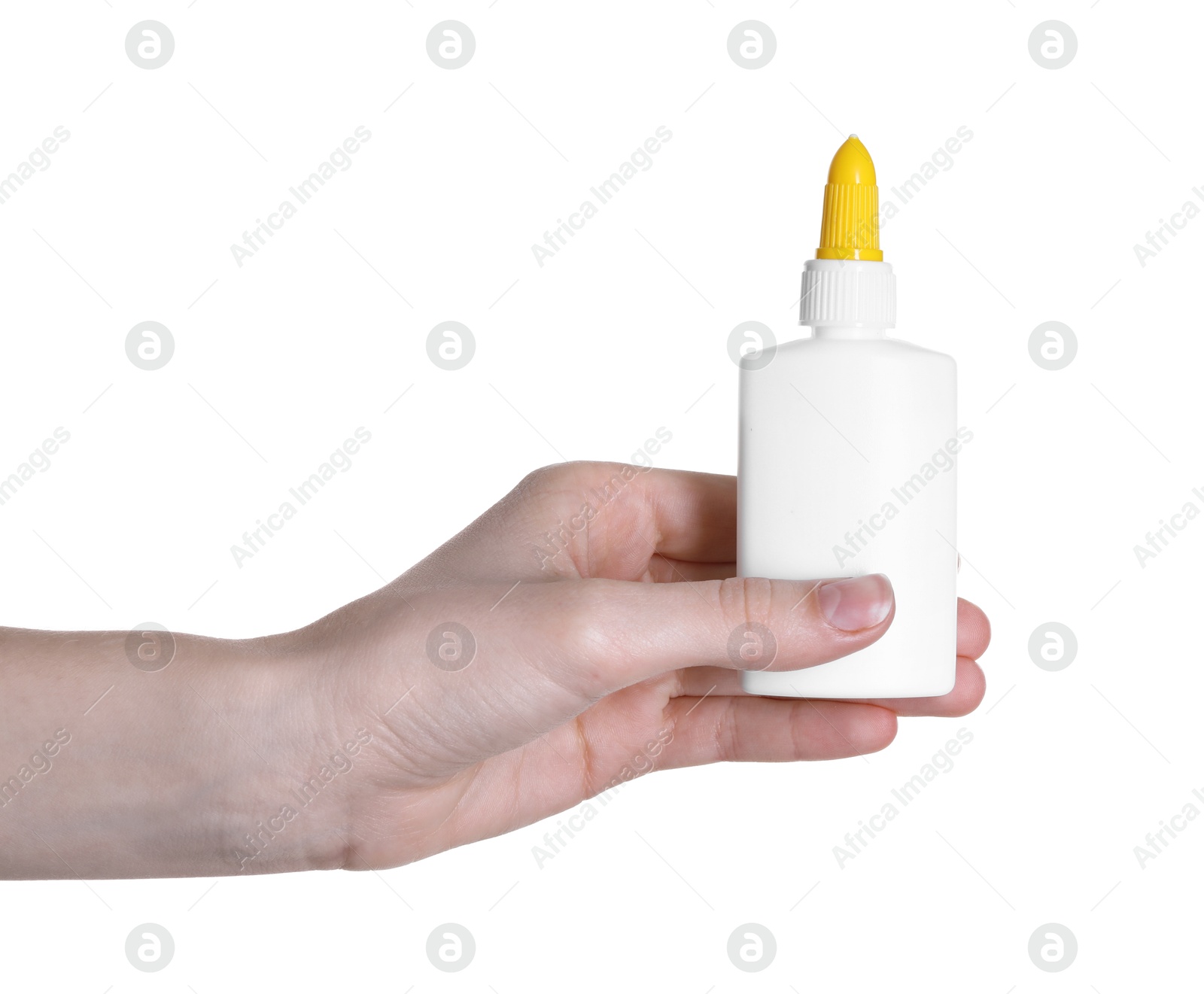 Photo of Woman with bottle of glue on white background, closeup