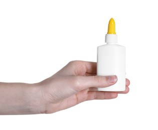 Photo of Woman with bottle of glue on white background, closeup