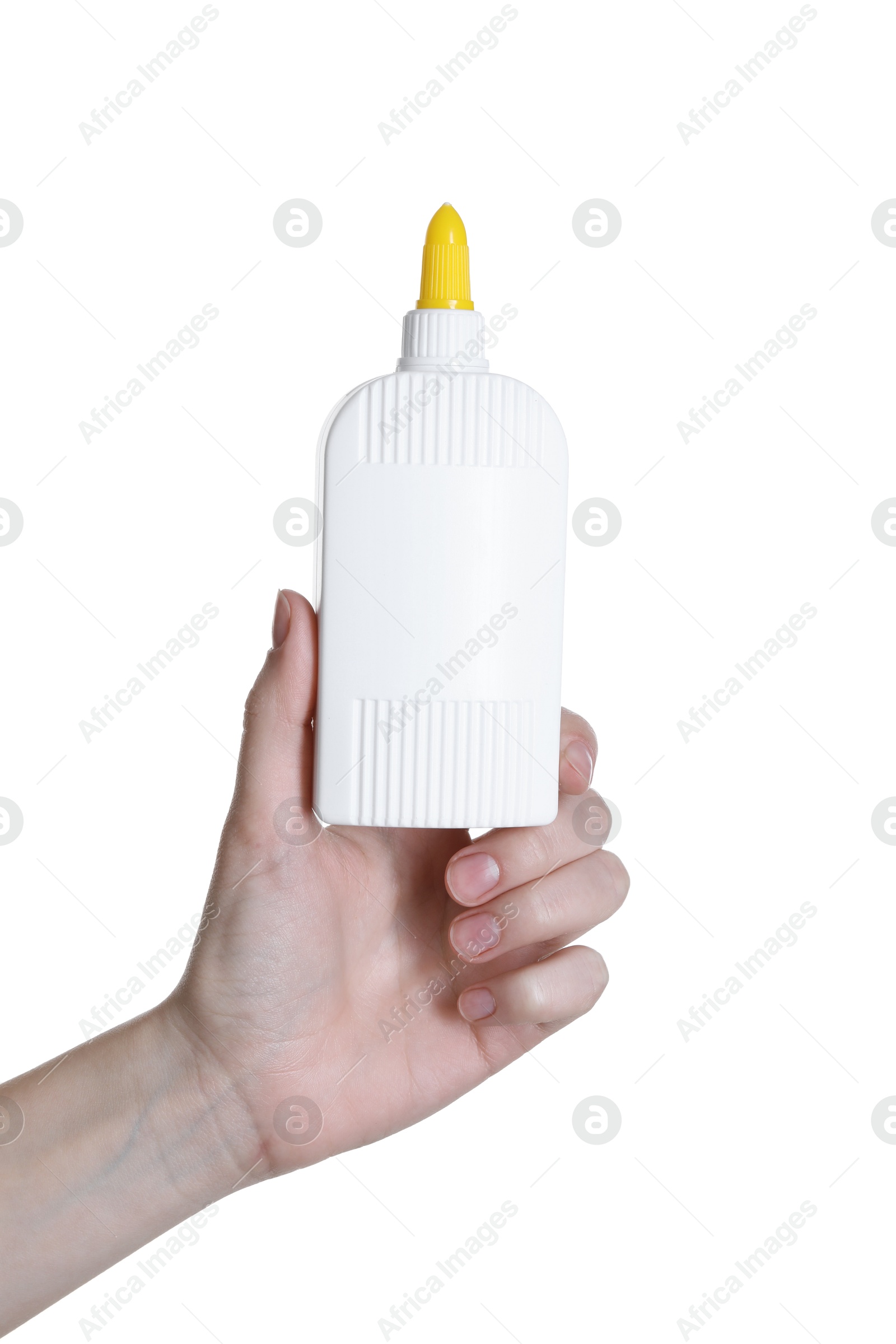 Photo of Woman with bottle of glue on white background, closeup