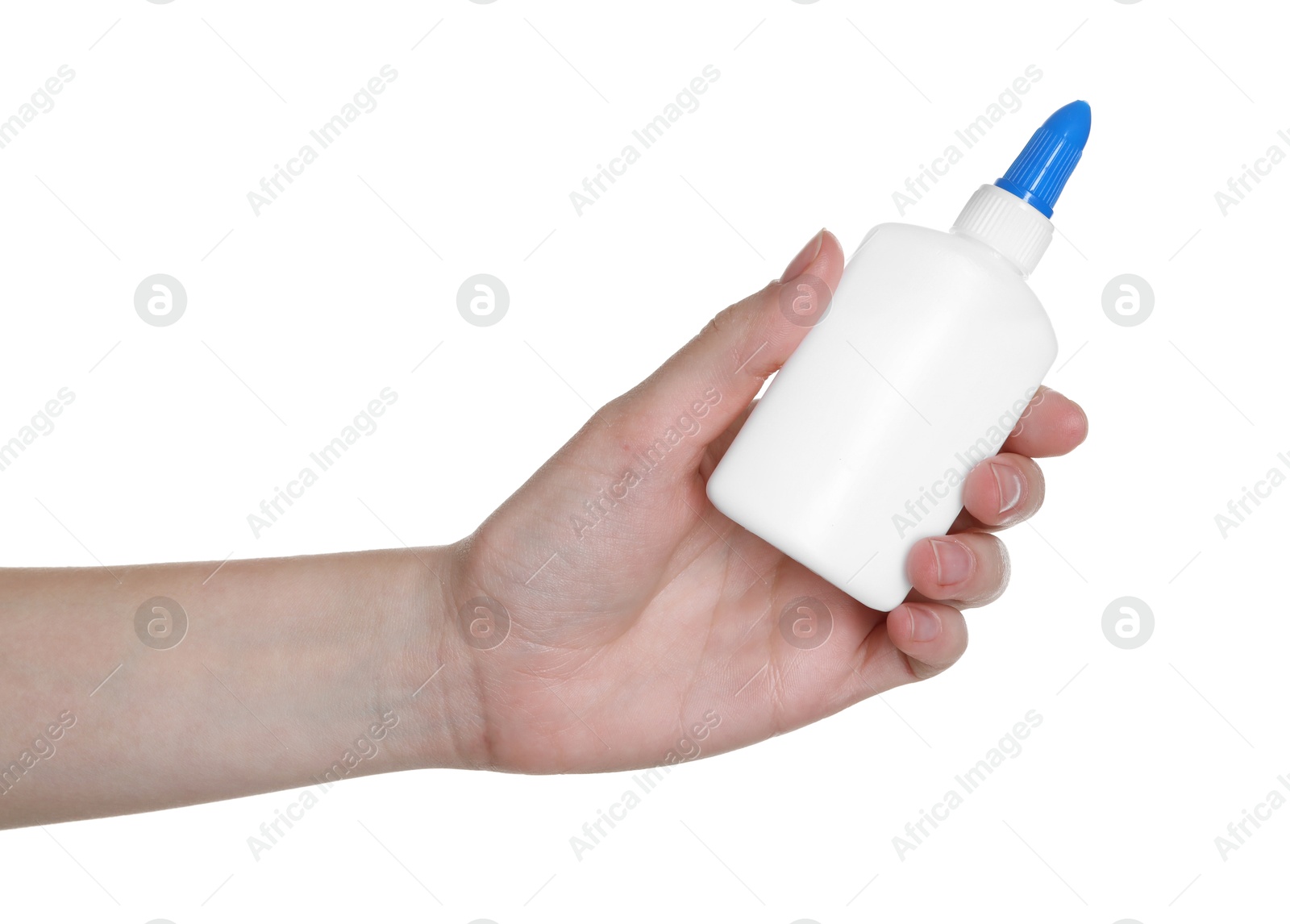 Photo of Woman with bottle of glue on white background, closeup