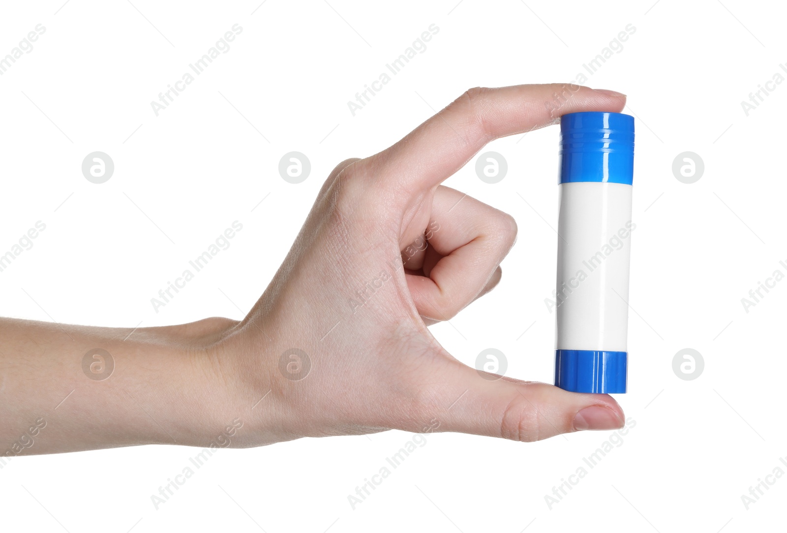 Photo of Woman with glue stick on white background, closeup