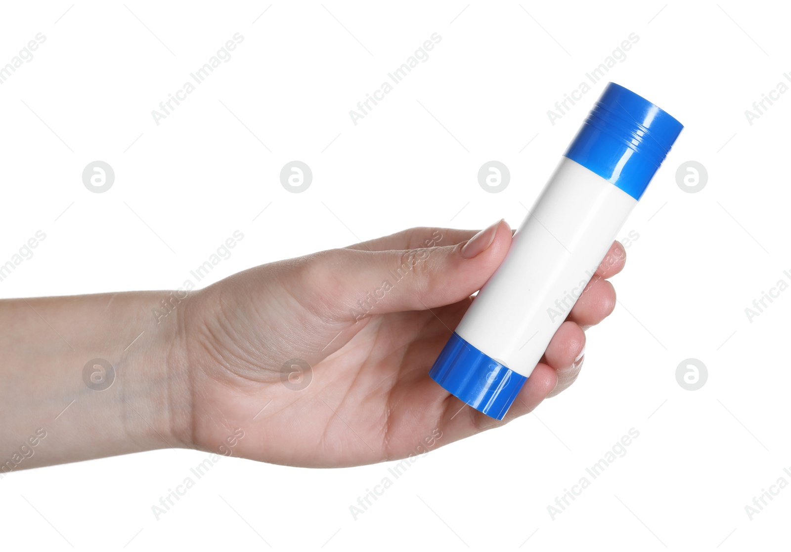 Photo of Woman with glue stick on white background, closeup