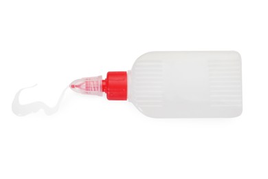 Photo of Bottle and stain of glue isolated on white, top view