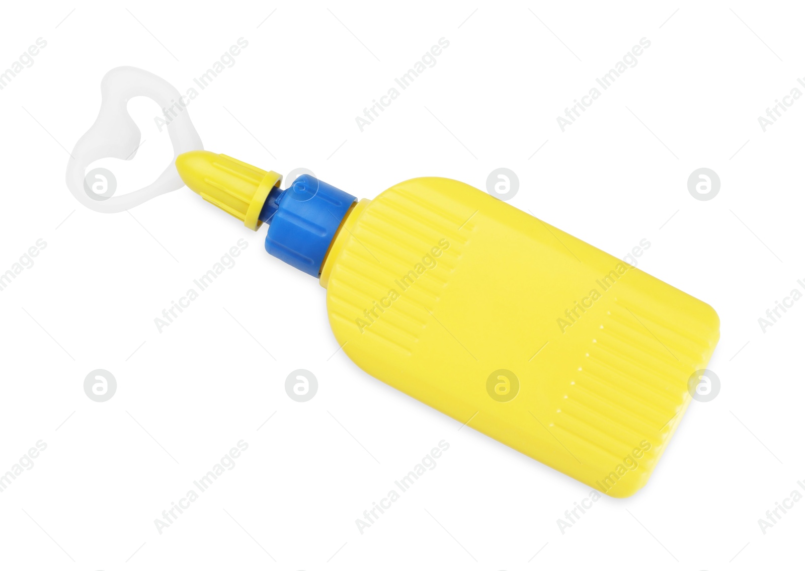 Photo of Bottle and stain of glue isolated on white, top view