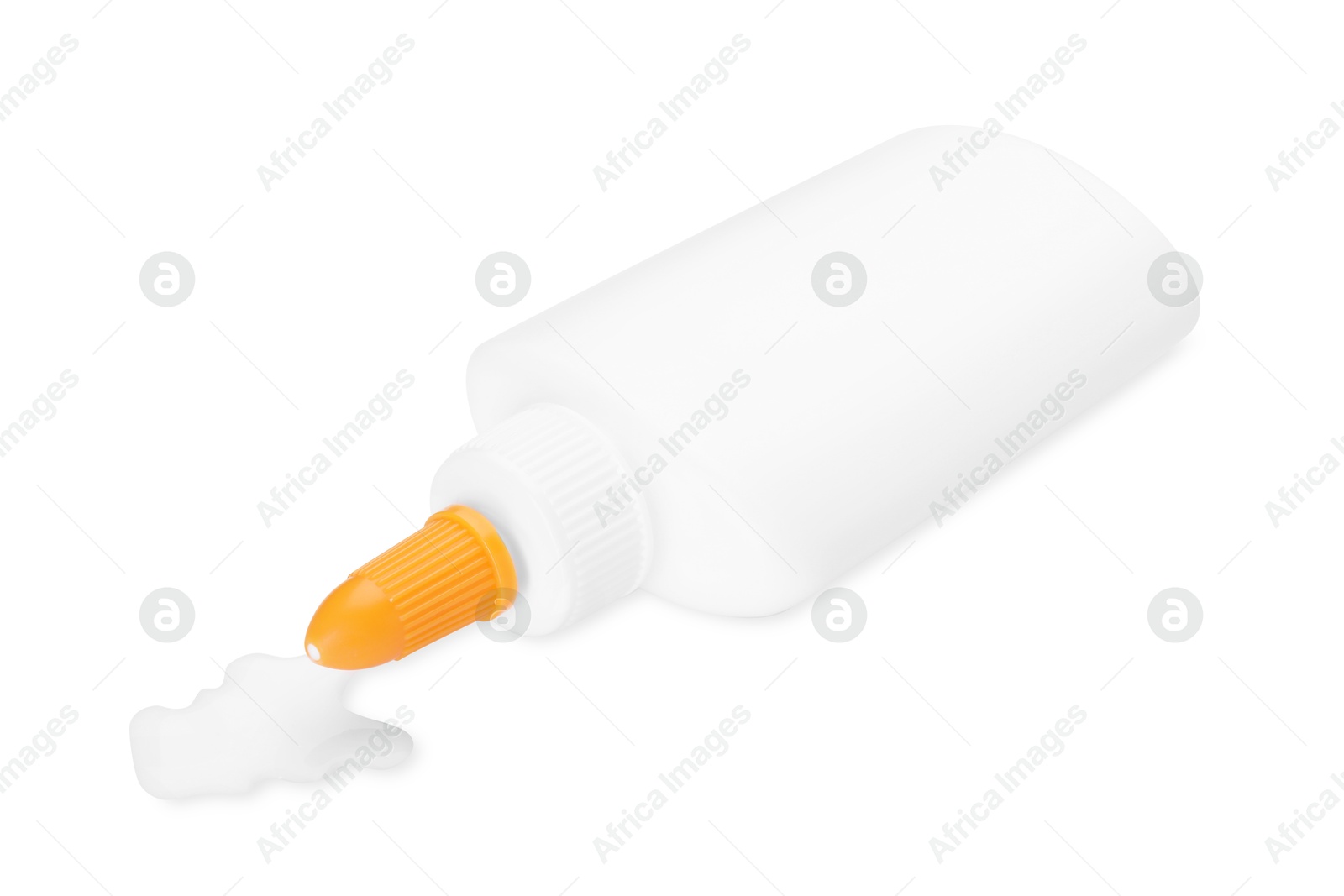 Photo of Bottle and stain of glue isolated on white