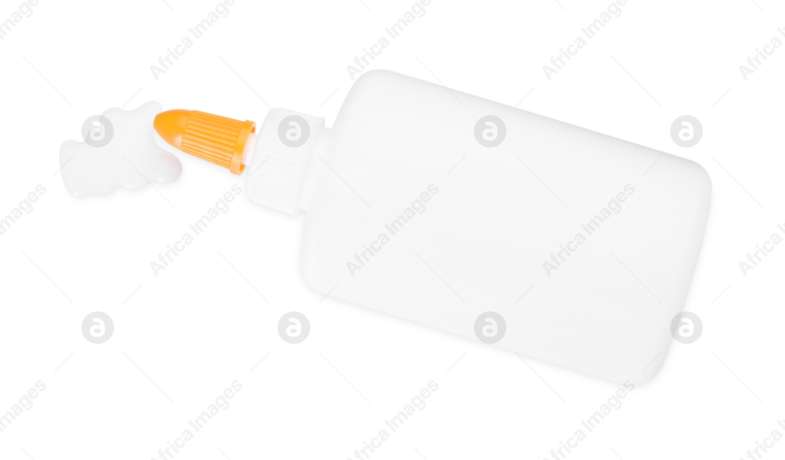 Photo of Bottle and stain of glue isolated on white, top view