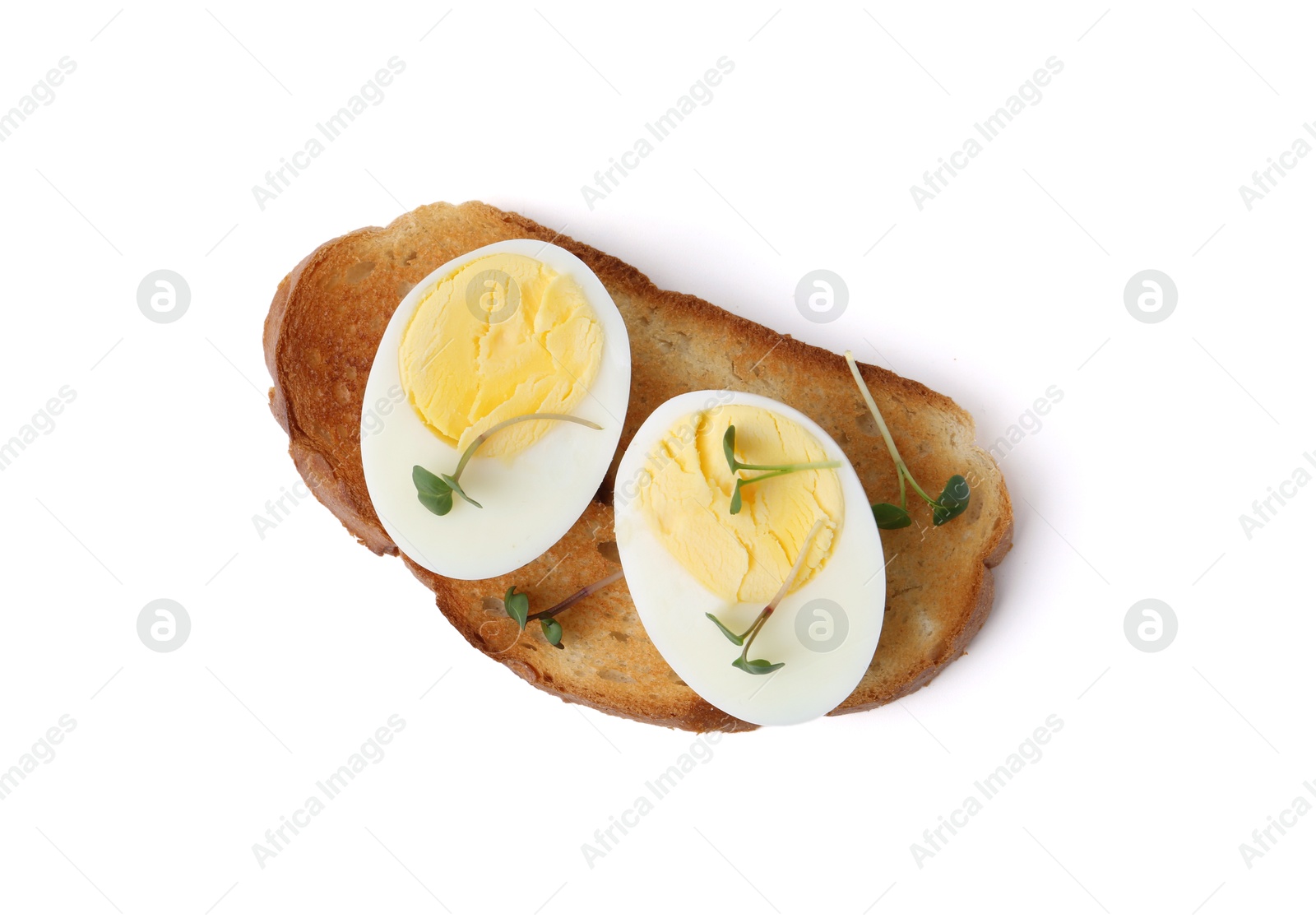 Photo of Sandwich with hard boiled eggs isolated on white, top view