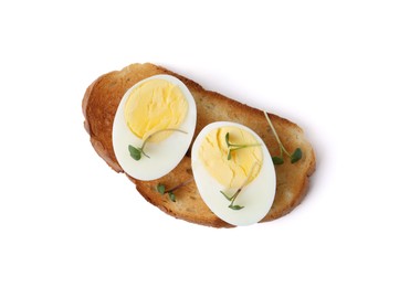 Photo of Sandwich with hard boiled eggs isolated on white, top view