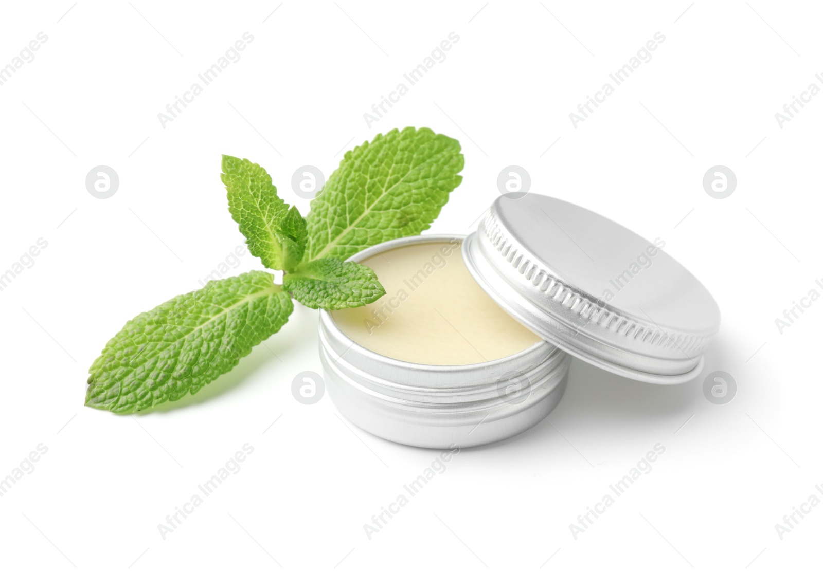 Photo of Mint lip balm and green leaves isolated on white. Cosmetic product