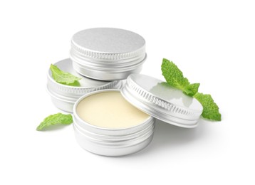 Photo of Mint lip balms and green leaves isolated on white. Cosmetic product