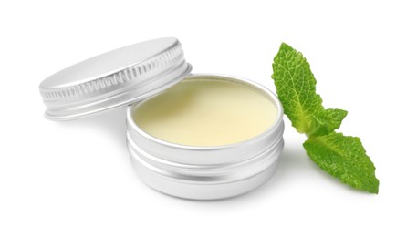 Mint lip balm and green leaves isolated on white. Cosmetic product