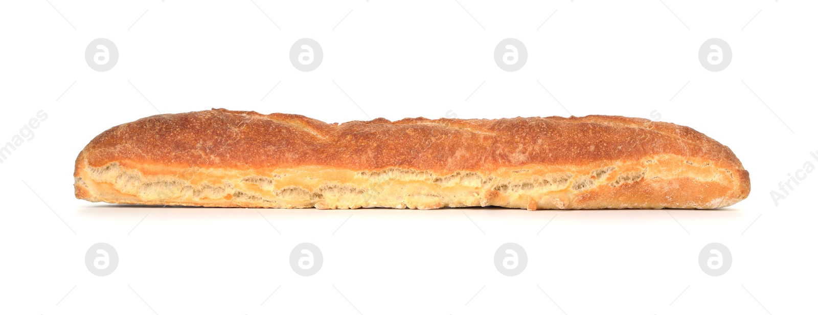 Photo of One freshly baked baguette isolated on white