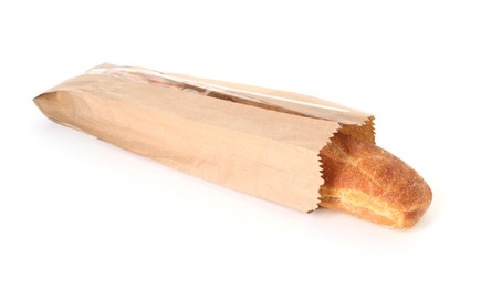 Photo of Fresh baguette in paper bag isolated on white