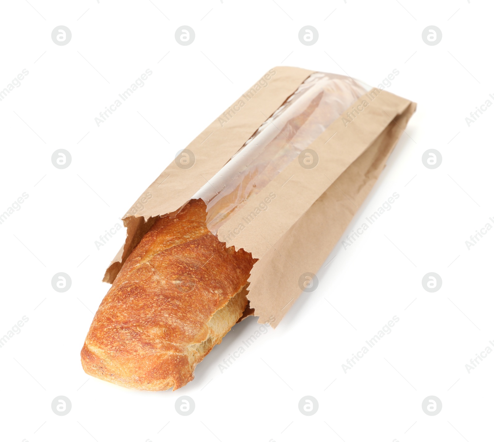 Photo of Fresh baguette in paper bag isolated on white