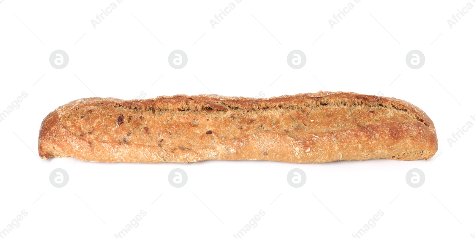 Photo of One freshly baked baguette isolated on white