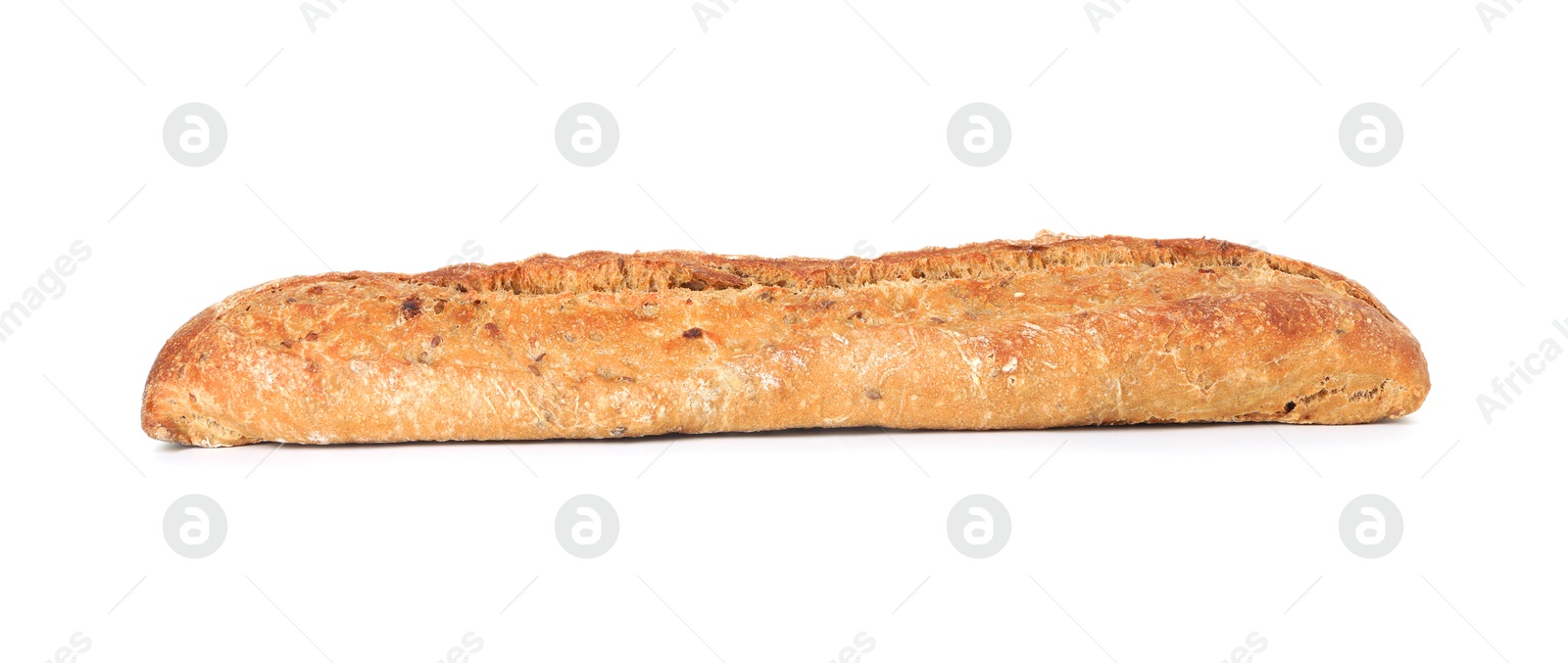 Photo of One freshly baked baguette isolated on white