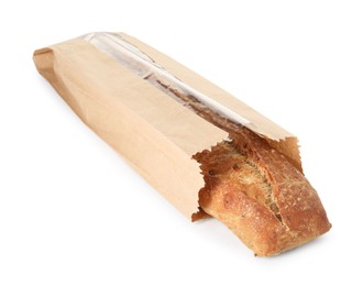 Photo of Fresh baguette in paper bag isolated on white