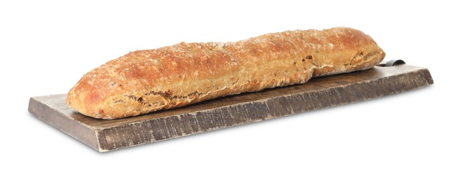 Photo of One freshly baked baguette isolated on white