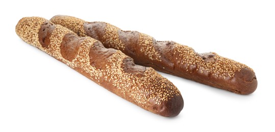 Photo of Fresh baguettes with sesame isolated on white