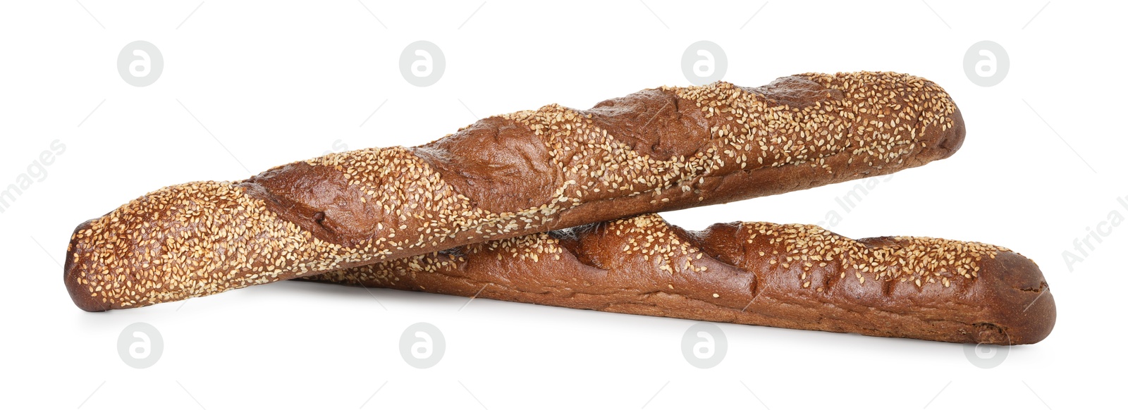 Photo of Fresh baguettes with sesame isolated on white