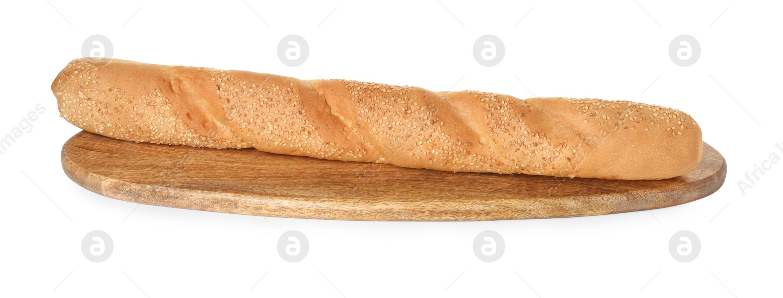 Photo of One fresh baguette with sesame isolated on white