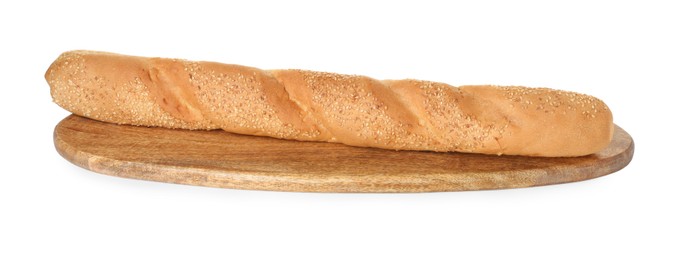 Photo of One fresh baguette with sesame isolated on white