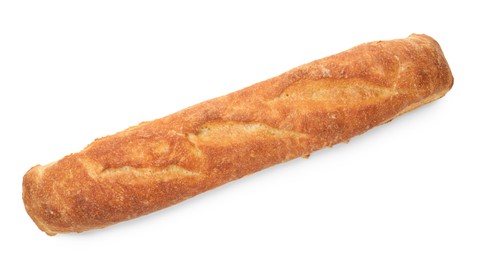 Photo of One freshly baked baguette isolated on white, top view