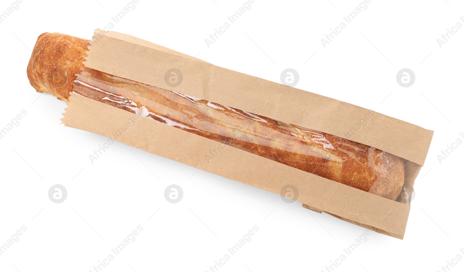 Photo of Fresh baguette in paper bag isolated on white, top view