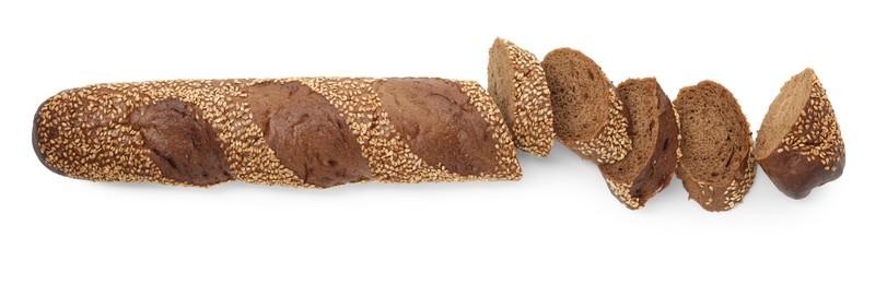 Photo of Cut fresh baguette with sesame isolated on white, top view