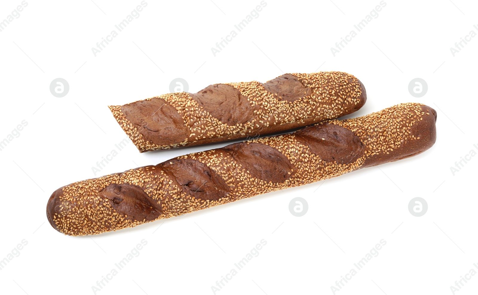 Photo of Fresh baguettes with sesame isolated on white, top view