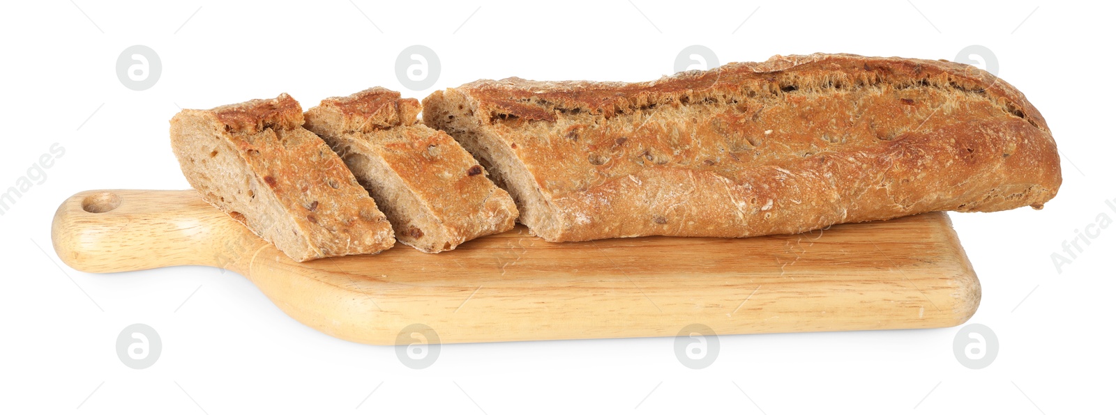 Photo of Cut freshly baked baguette isolated on white