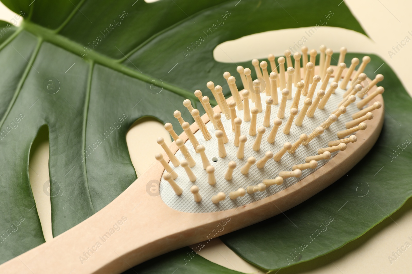 Photo of Wooden hair brush and monstera leaf on beige background, closeup