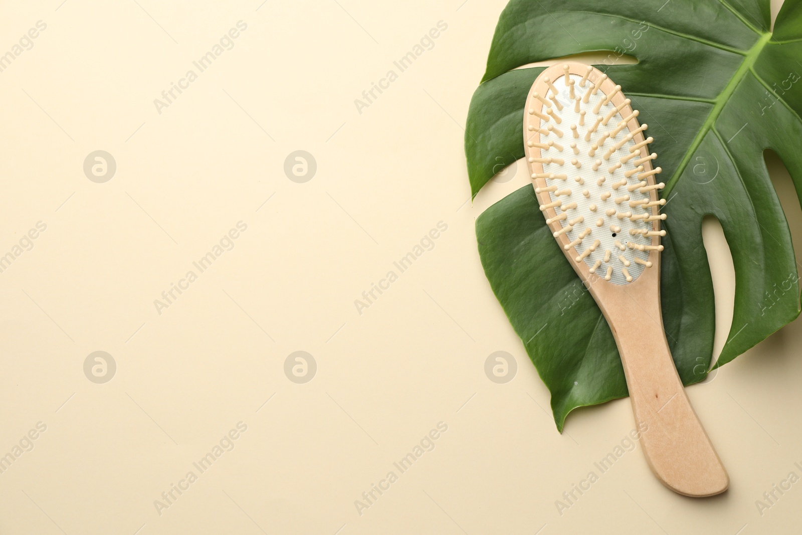 Photo of Wooden hair brush and monstera leaf on beige background, top view. Space for text