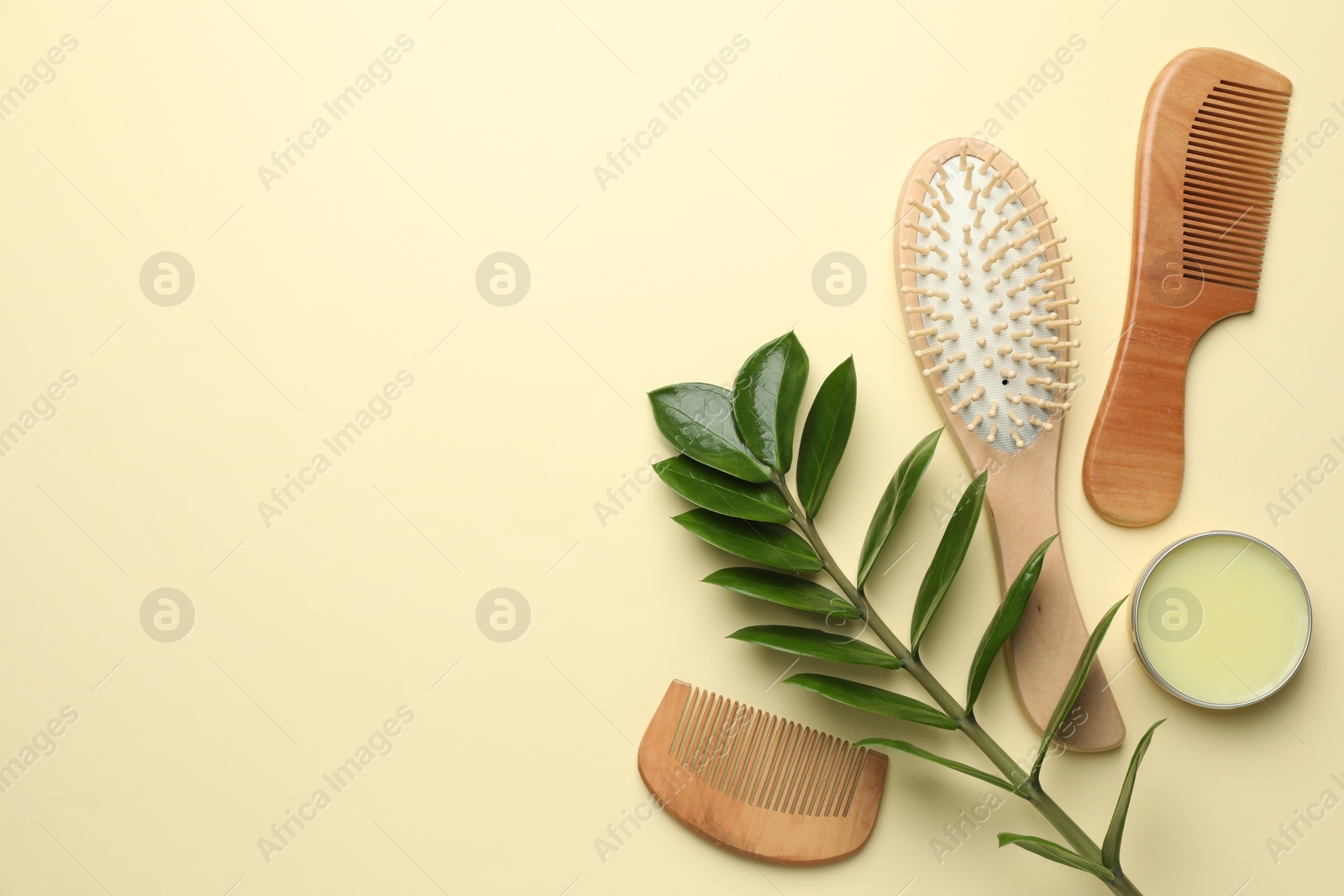 Photo of Wooden hair brush, combs, wax and green branch on beige background, flat lay. Space for text