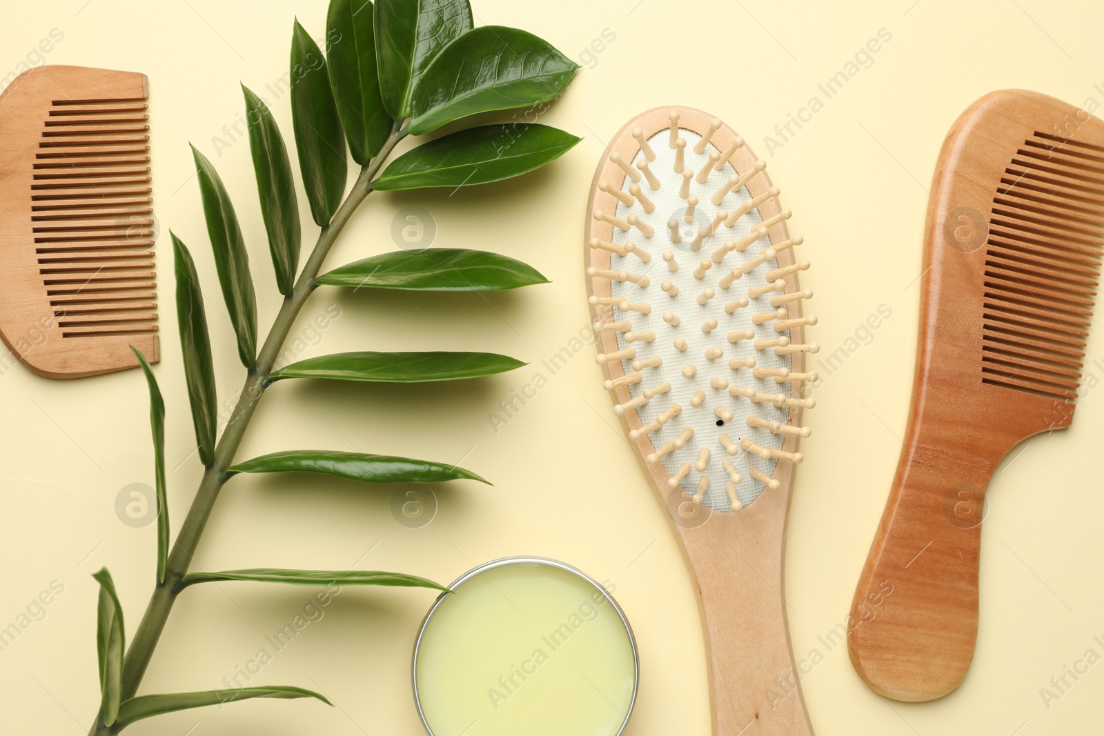 Photo of Wooden hair brush, combs, wax and green branch on beige background, flat lay