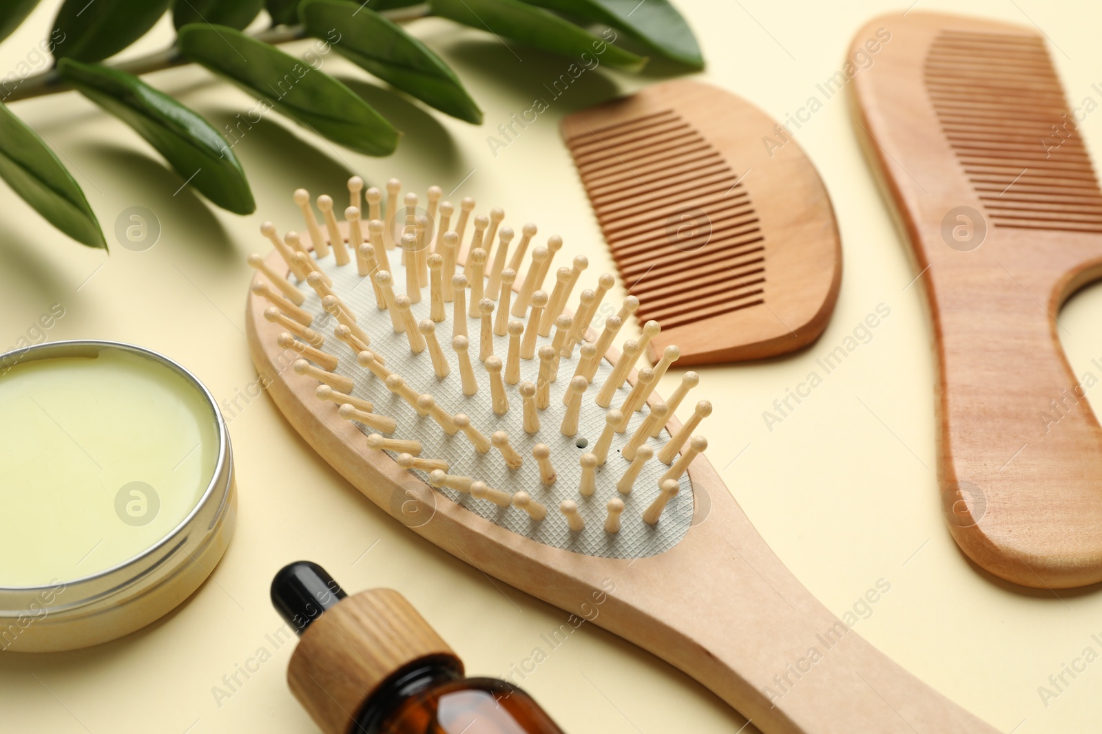 Photo of Wooden hair brush, combs, cosmetic products and green branch on beige background, closeup